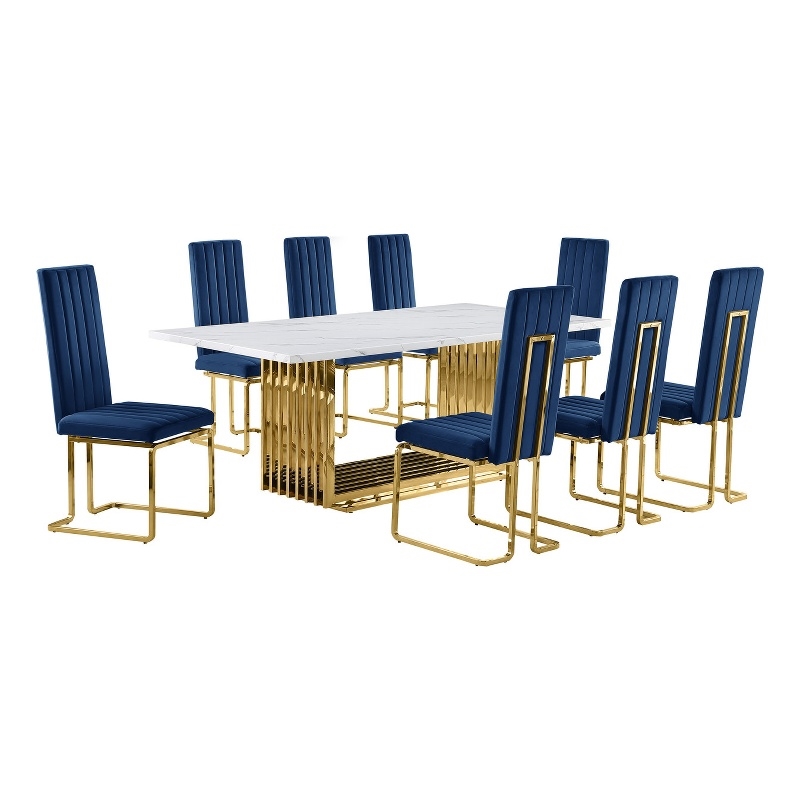 Best Quality Furniture 9-Piece Steel & Marble Dining Set in Navy/Gold/White