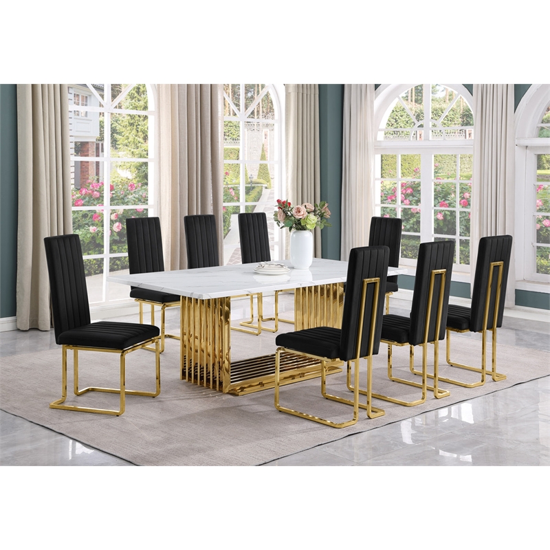 Best Quality Furniture 9-Piece Steel & Marble Dining Set in Black/Gold/White