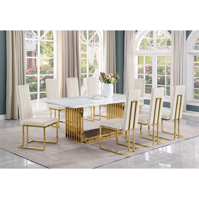 Best Quality Furniture 9-Piece Steel & Marble Dining Set in Cream/Gold/White