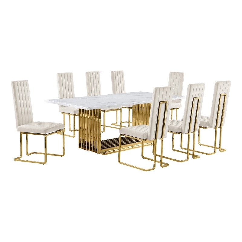 Best Quality Furniture 9-Piece Steel & Marble Dining Set in Cream/Gold/White