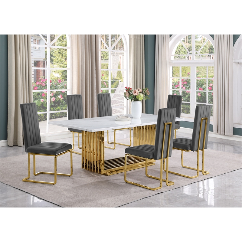 Best Quality Furniture White Marble Dining Set with Dark Gray Velvet Chairs