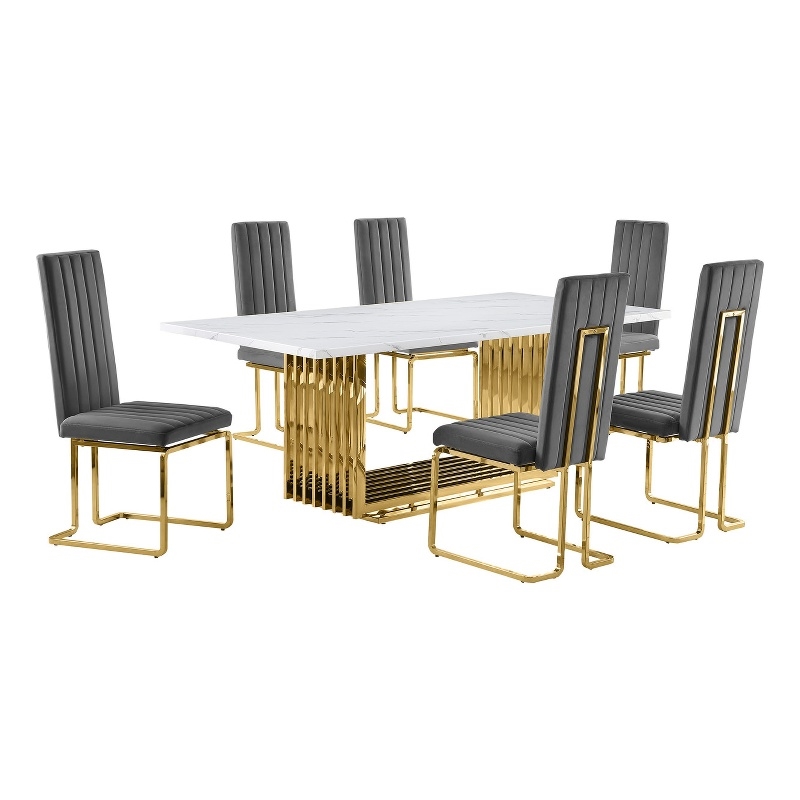 Best Quality Furniture White Marble Dining Set with Dark Gray Velvet Chairs