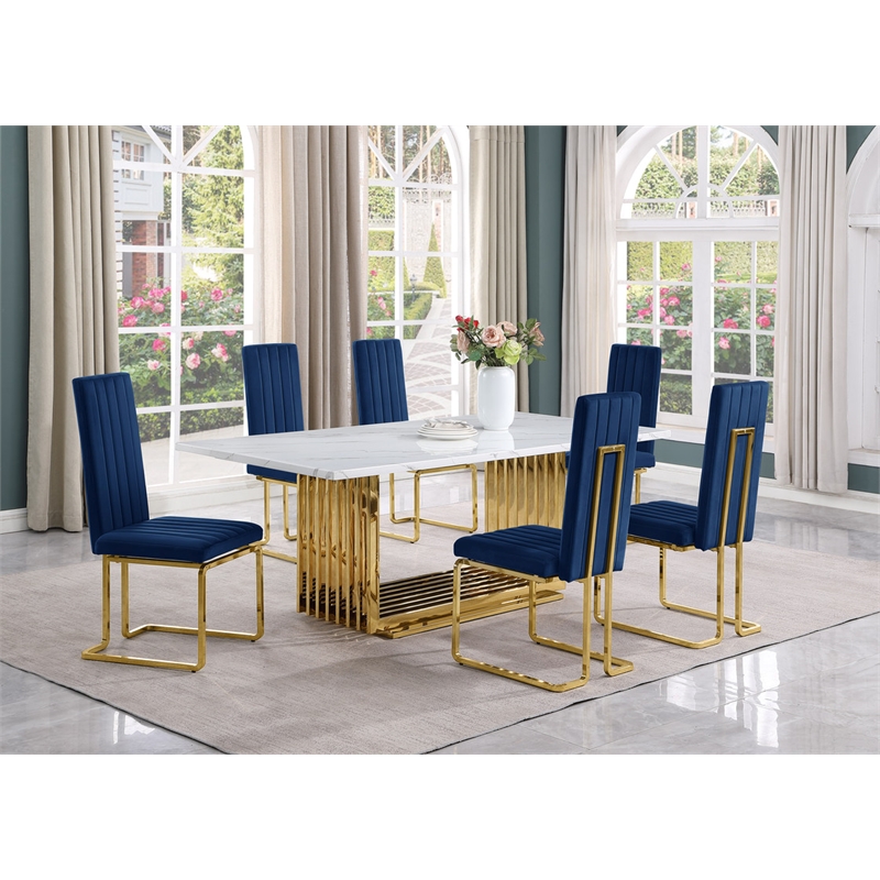 Best Quality Furniture 7-Piece Velvet & Marble Dining Set in Navy/White