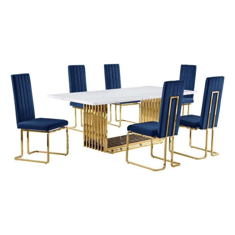 Best Quality Furniture 7-Piece Velvet & Marble Dining Set in Navy/White