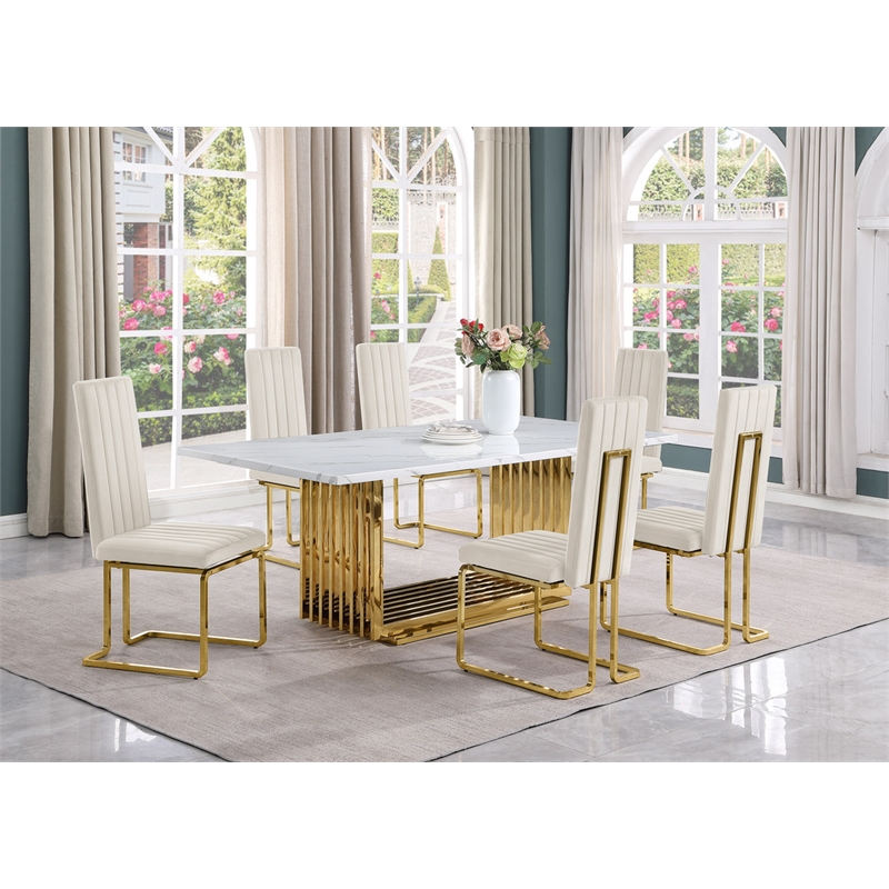Best Quality Furniture 7-Piece Velvet & Marble Dining Set in Cream and White