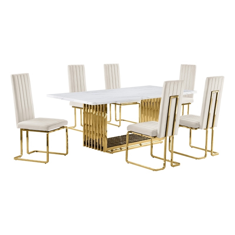 Best Quality Furniture 7-Piece Velvet & Marble Dining Set in Cream and White