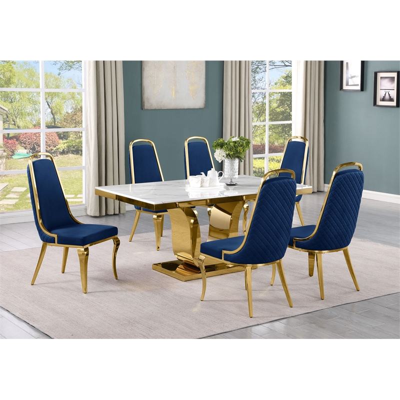 Best Quality Furniture White Marble Dining Set with Navy Blue Velvet Chairs