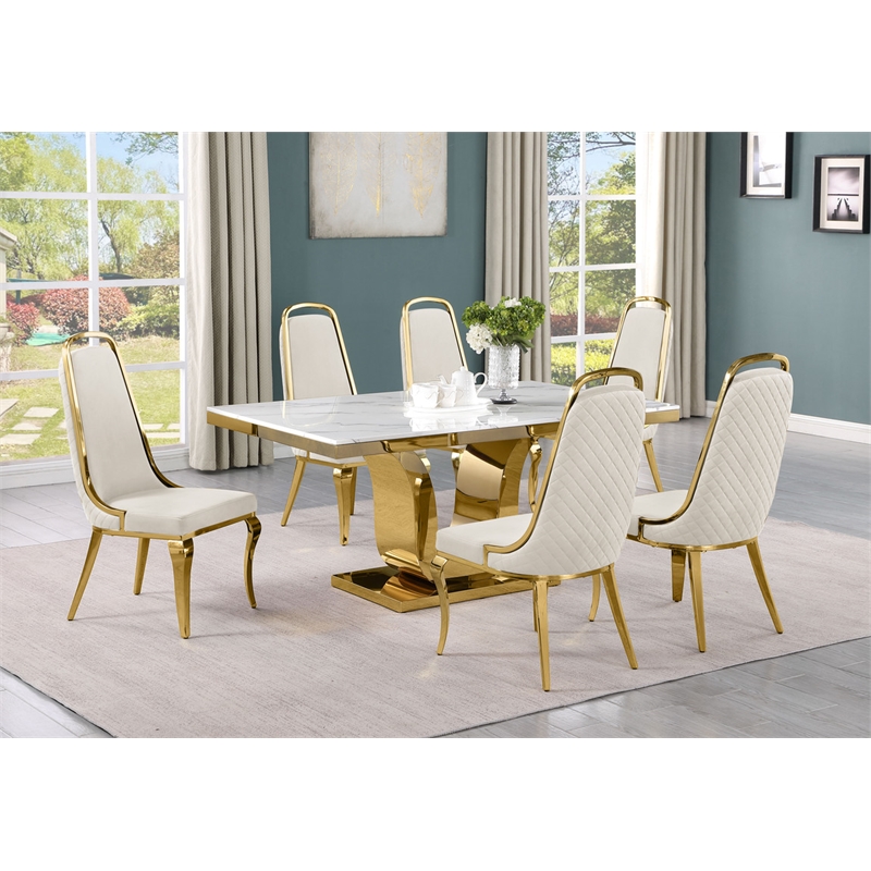 Best Quality Furniture White Marble Dining Set with Cream Velvet Chairs