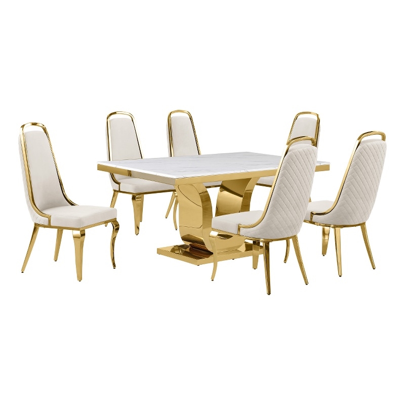 Best Quality Furniture White Marble Dining Set with Cream Velvet Chairs