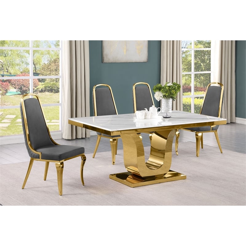 Best Quality Furniture White Marble Dining Set with Dark Gray Velvet Chairs
