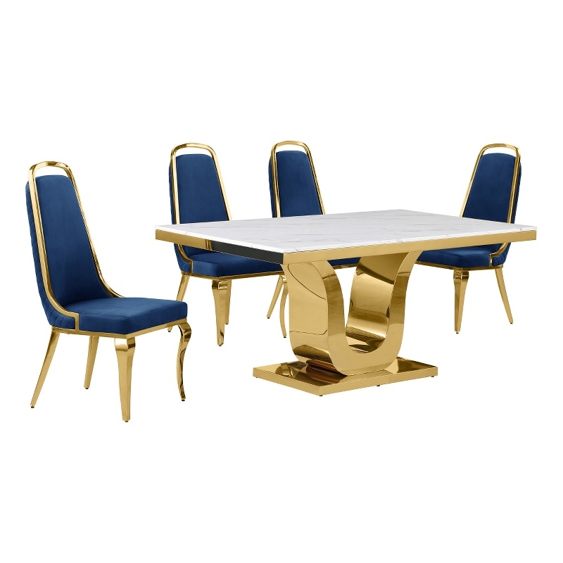 Best Quality Furniture White Marble Dining Set with Navy Blue Velvet Chairs