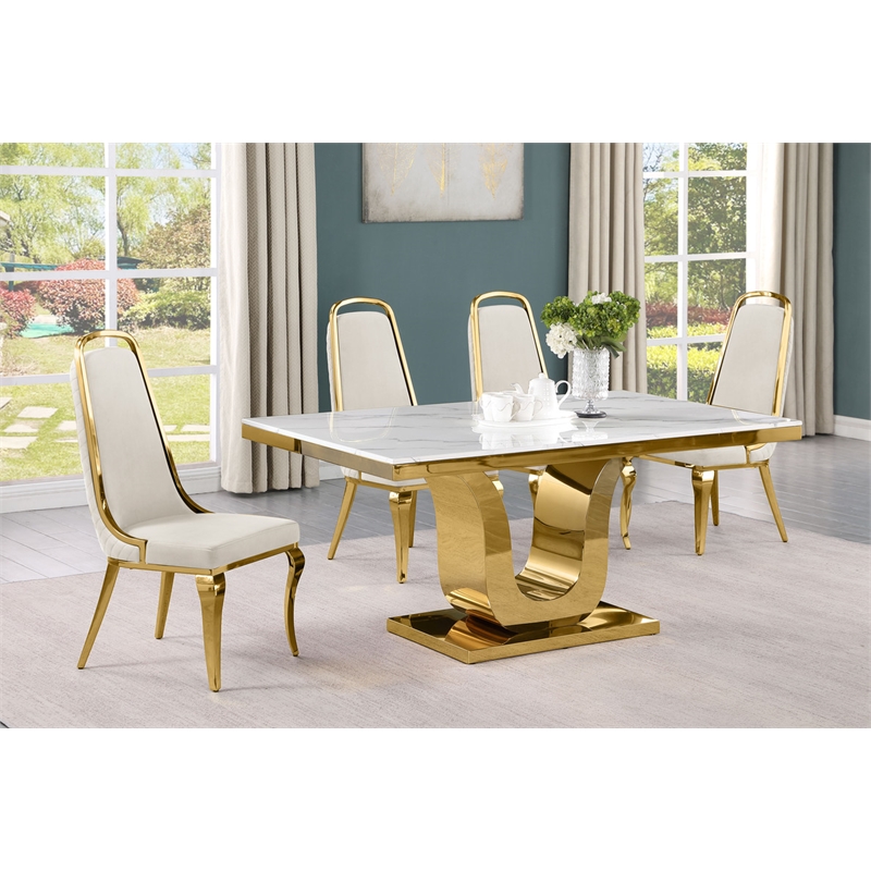 Best Quality Furniture White Marble Dining Set with Cream Velvet Chairs