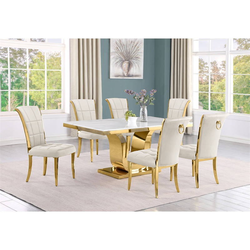 Best Quality Furniture White Marble Dining Set with Cream Velvet Chairs
