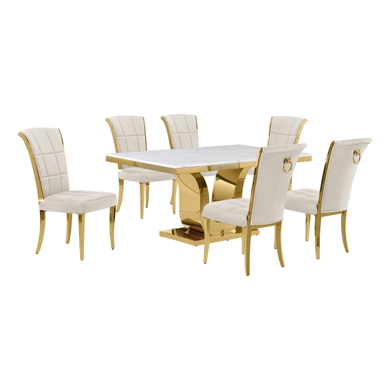 Best Quality Furniture White Marble Dining Set with Cream Velvet Chairs
