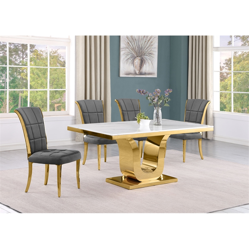 Best Quality Furniture White Marble Dining Set with Dark Gray Velvet Chairs