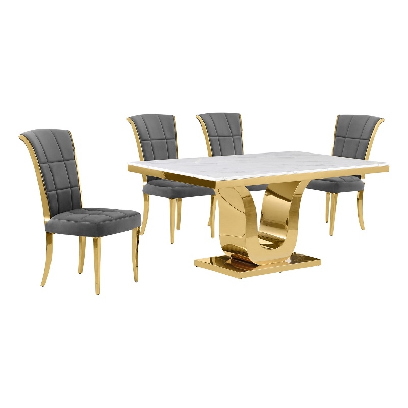 Best Quality Furniture White Marble Dining Set with Dark Gray Velvet Chairs