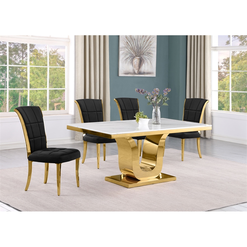 Best Quality Furniture White Marble Dining Set with Black Velvet Chairs
