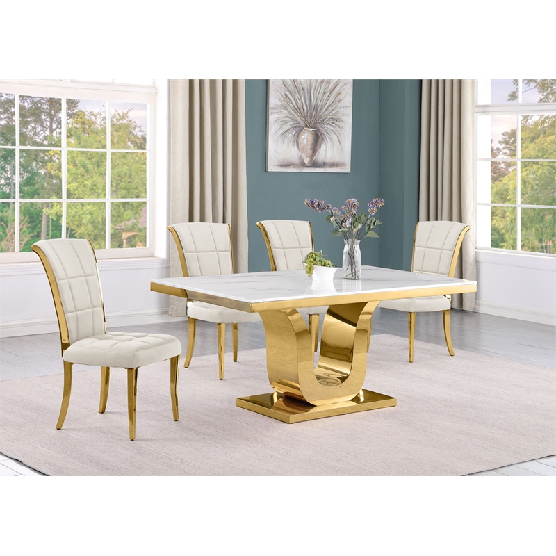 Best Quality Furniture White Marble Dining Set with Cream Velvet Chairs