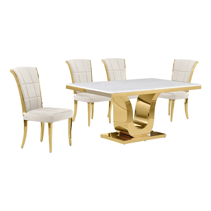 Best Quality Furniture White Marble Dining Set with Cream Velvet Chairs