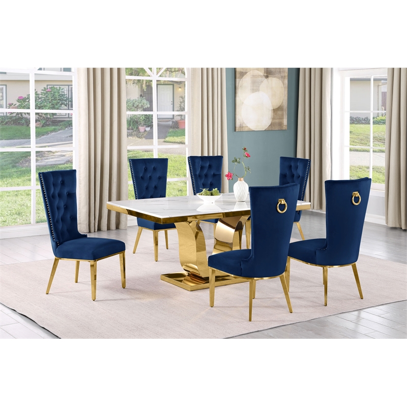 Best Quality Furniture White Marble Dining Set with Navy Blue Velvet Chairs