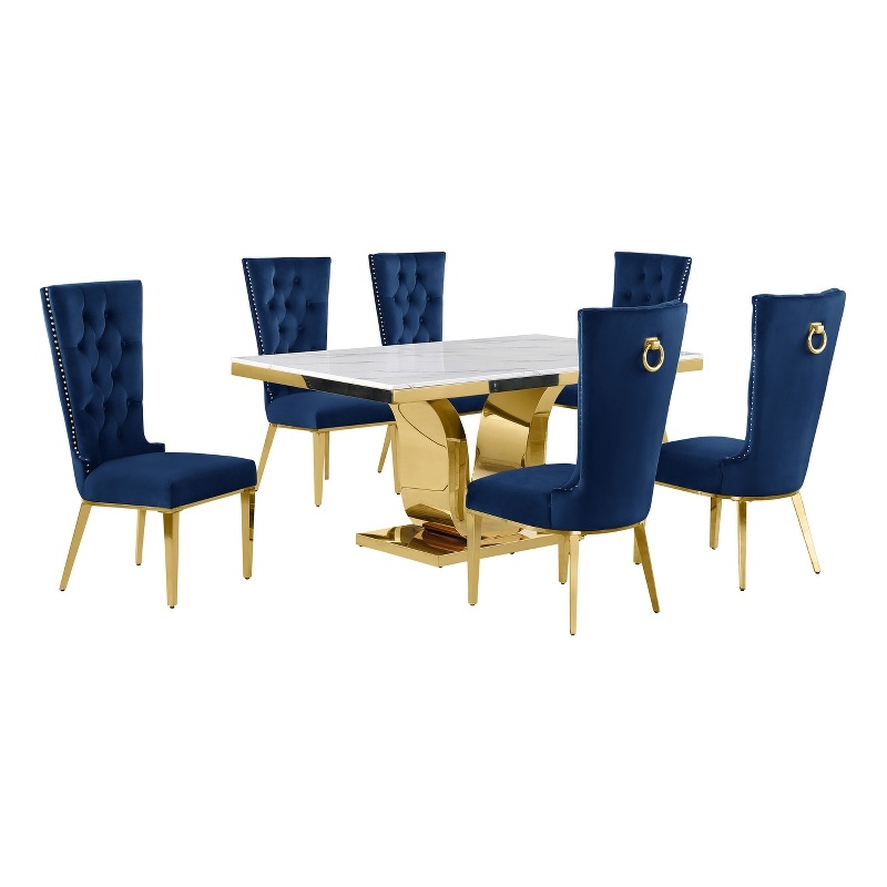 Best Quality Furniture White Marble Dining Set with Navy Blue Velvet Chairs