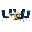 Best Quality Furniture White Marble Dining Set with Navy Blue Velvet Chairs
