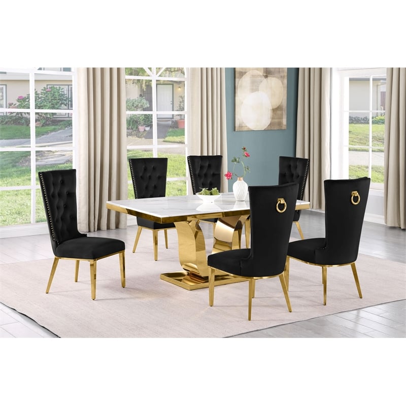Best Quality Furniture White Marble Dining Set with Black Velvet Chairs