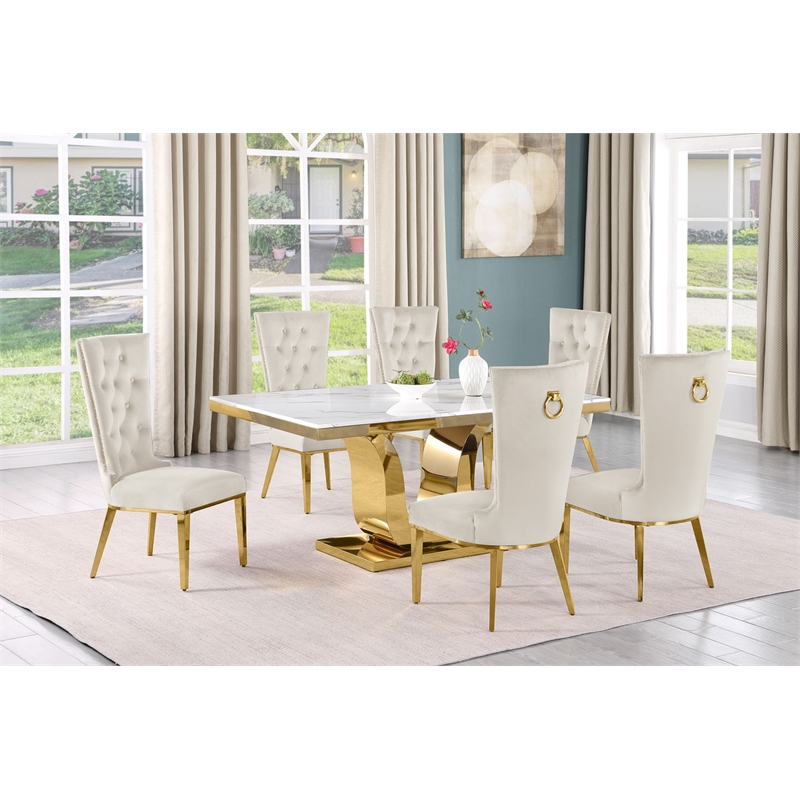 Best Quality Furniture White Marble Dining Set with Cream Velvet Chairs