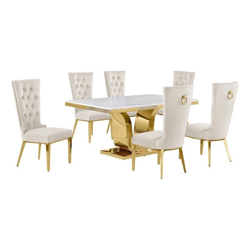 Best Quality Furniture White Marble Dining Set with Cream Velvet Chairs