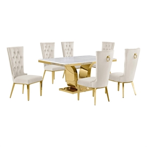 Best Quality Furniture White Marble Dining Set with Cream Velvet Chairs