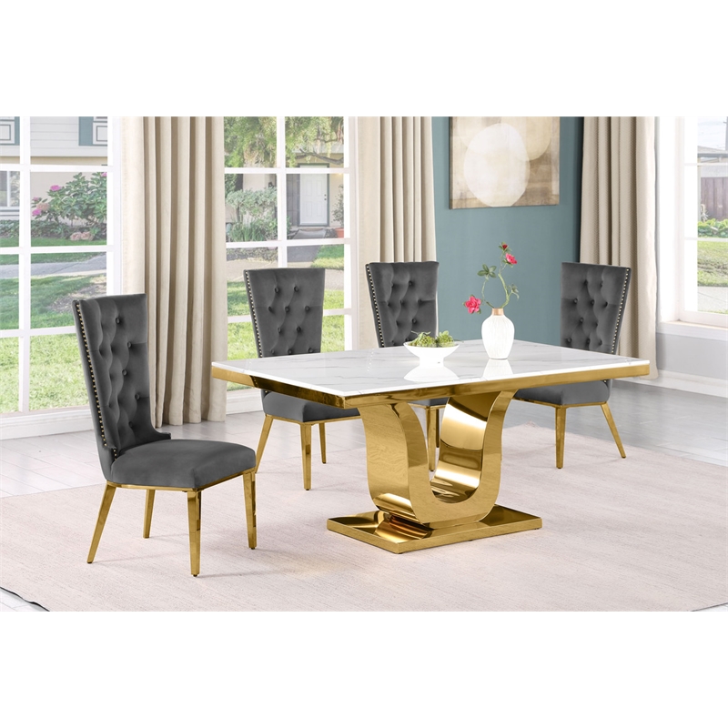 Best Quality Furniture White Marble Dining Set with Dark Gray Velvet Chairs