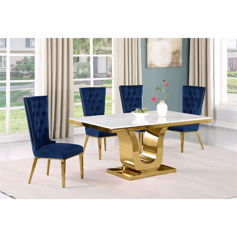 Best Quality Furniture White Marble Dining Set with Navy Blue Velvet Chairs