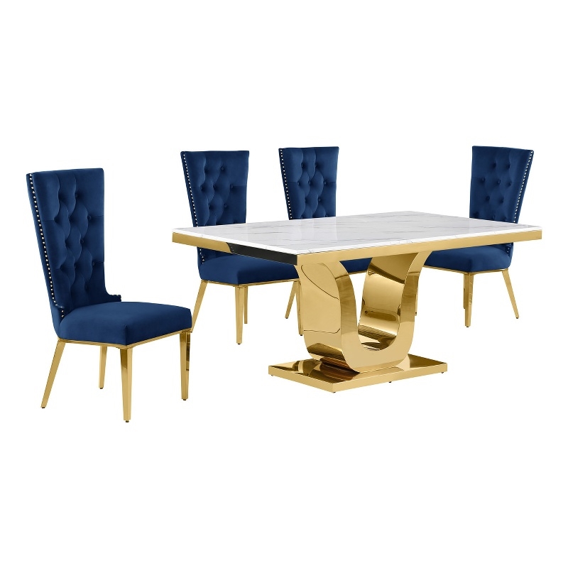 Best Quality Furniture White Marble Dining Set with Navy Blue Velvet Chairs