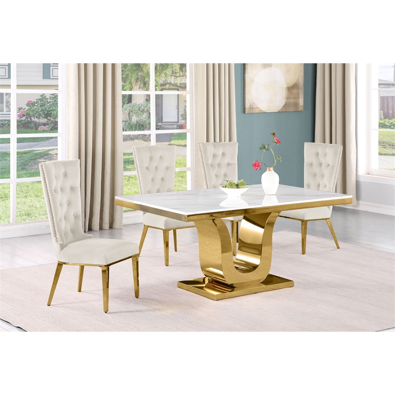 Best Quality Furniture White Marble Dining Set with Cream Velvet Chairs