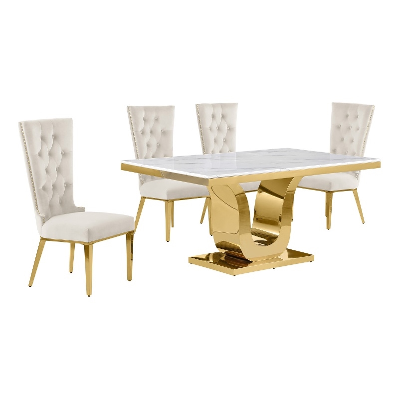 Best Quality Furniture White Marble Dining Set with Cream Velvet Chairs