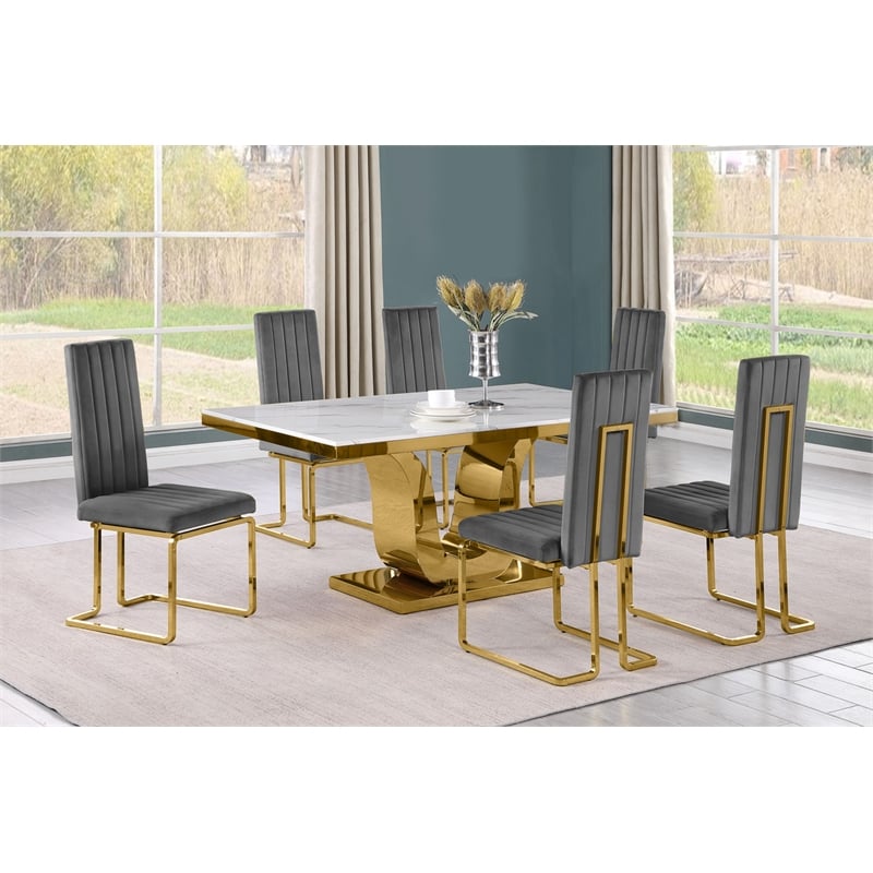 Best Quality Furniture White Marble Dining Set with Dark Gray Velvet Chairs