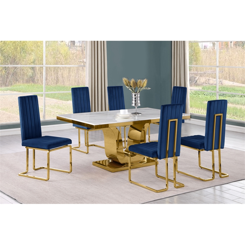 Best Quality Furniture White Marble Dining Set with Navy Blue Velvet Chairs