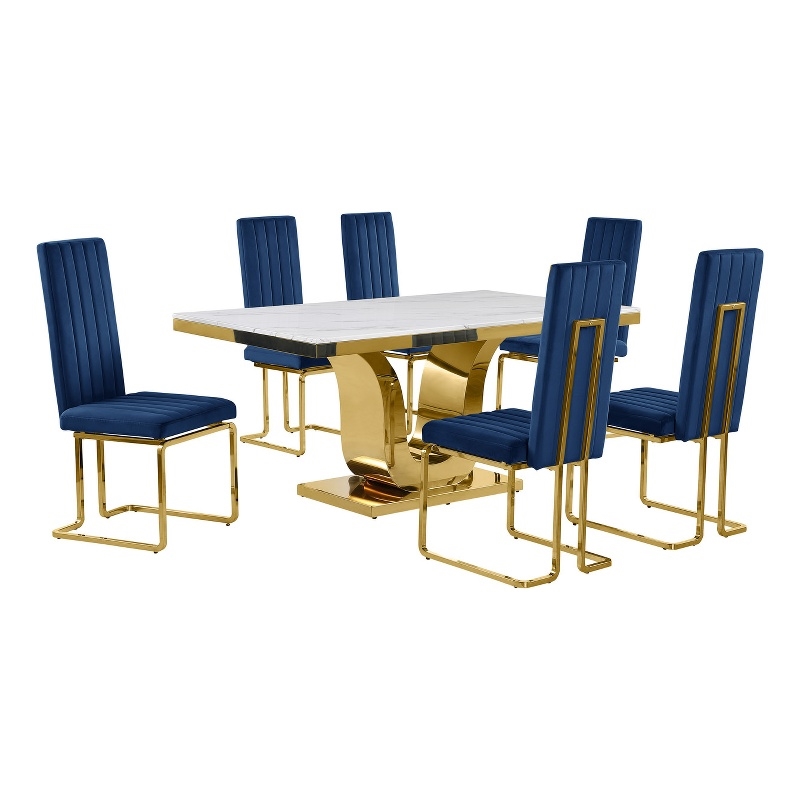 Best Quality Furniture White Marble Dining Set with Navy Blue Velvet Chairs
