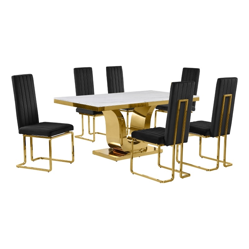 Best Quality Furniture White Marble Dining Set with Black Velvet Chairs