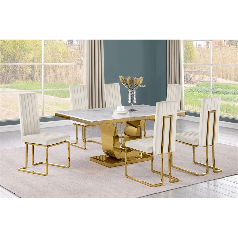Best Quality Furniture White Marble Dining Set with Cream Velvet Chairs