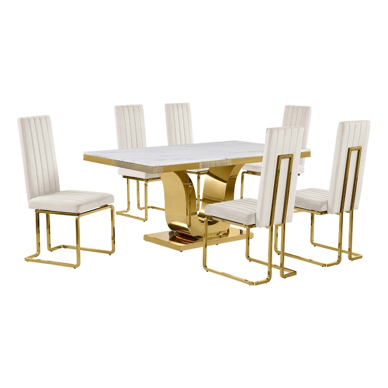 Best Quality Furniture White Marble Dining Set with Cream Velvet Chairs