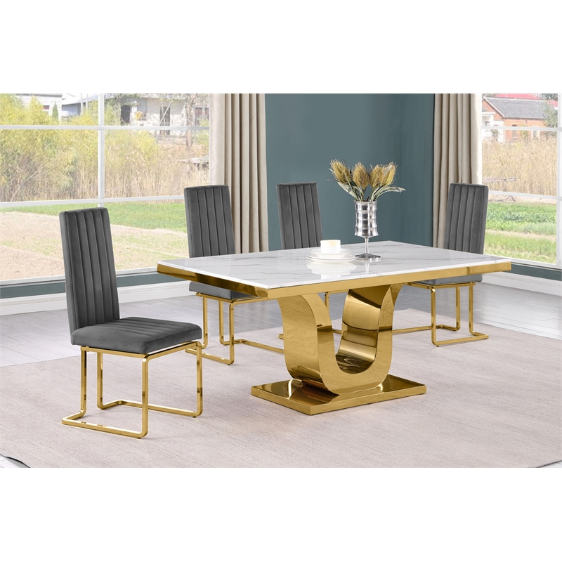 Best Quality Furniture White Marble Dining Set with Dark Gray Velvet Chairs