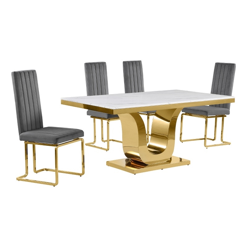 Best Quality Furniture White Marble Dining Set with Dark Gray Velvet Chairs