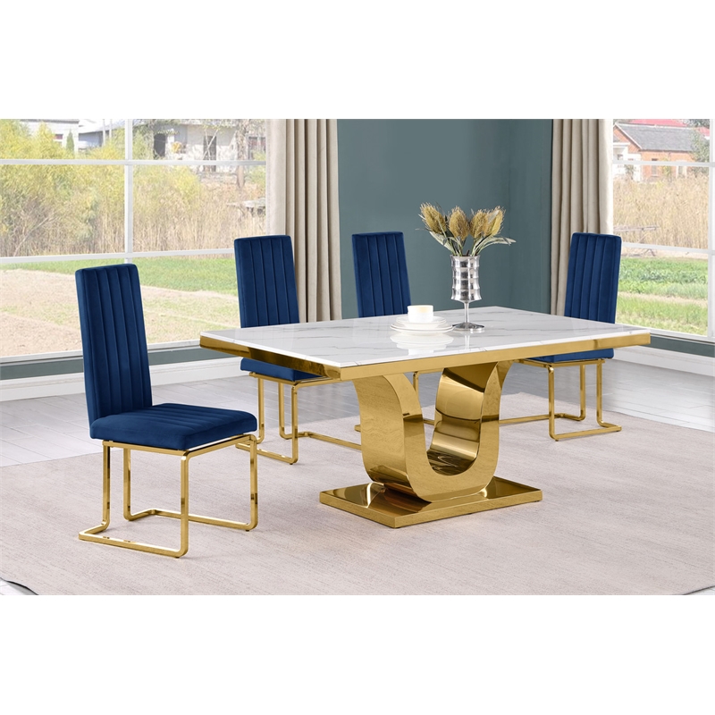 Best Quality Furniture White Marble Dining Set with Navy Blue Velvet Chairs
