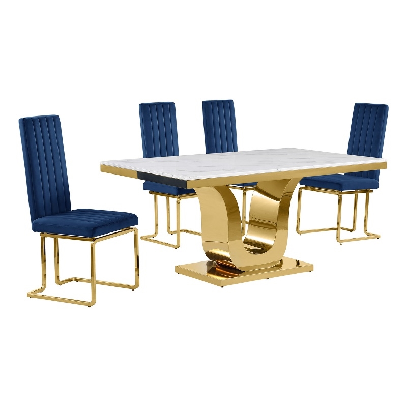 Best Quality Furniture White Marble Dining Set with Navy Blue Velvet Chairs