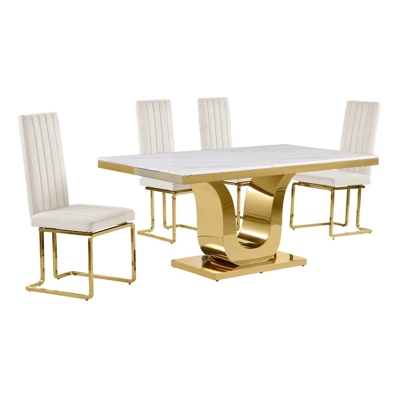 Best Quality Furniture White Marble Dining Set with Cream Velvet Chairs