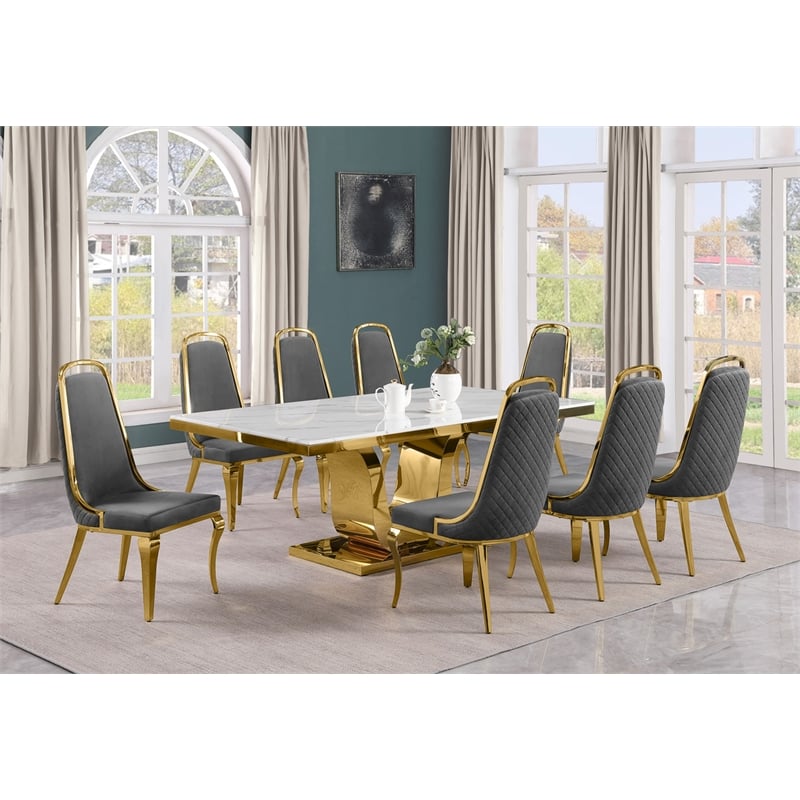 Best Quality Furniture White Marble Dining Set with Dark Gray Velvet Chairs