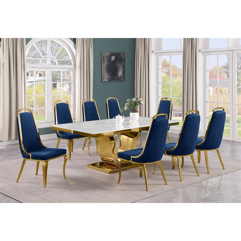 Best Quality Furniture White Marble Dining Set with Navy Blue Velvet Chairs