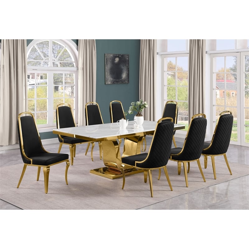 Best Quality Furniture White Marble Dining Set with Black Velvet Chairs