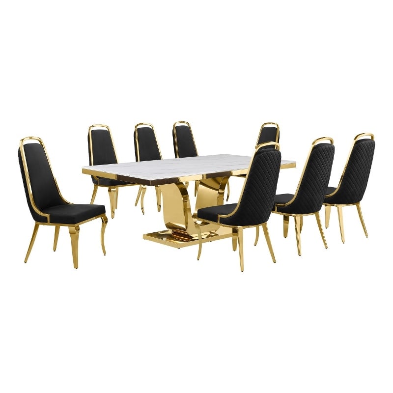 Best Quality Furniture White Marble Dining Set with Black Velvet Chairs